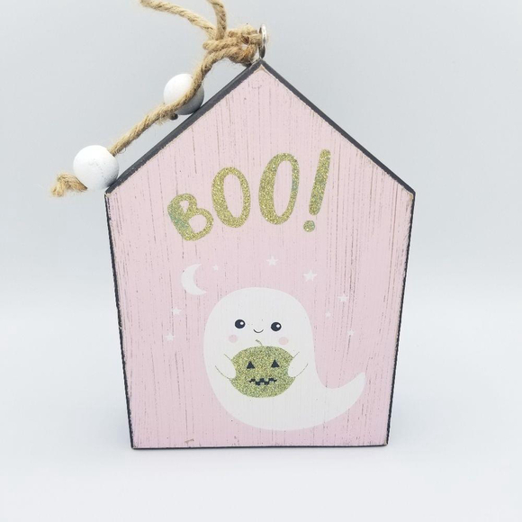 Pink with White Ghost Gold Glitter Boo Halloween Home Decor Wall Hanging Wood - Picture 1 of 6